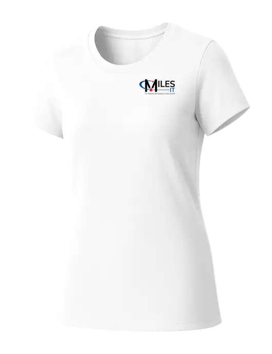 Womens Seriously Soft White T-Shirt w/Miles IT w/Slogan Logo, Miles IT Slogan Logo