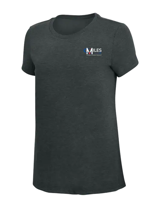 Womens Simply Soft Black Frost 4.5oz Poly/Combed Ring Spun Cotton T-Shirt w/Miles IT w/Slogan Logo, Miles IT Slogan Logo