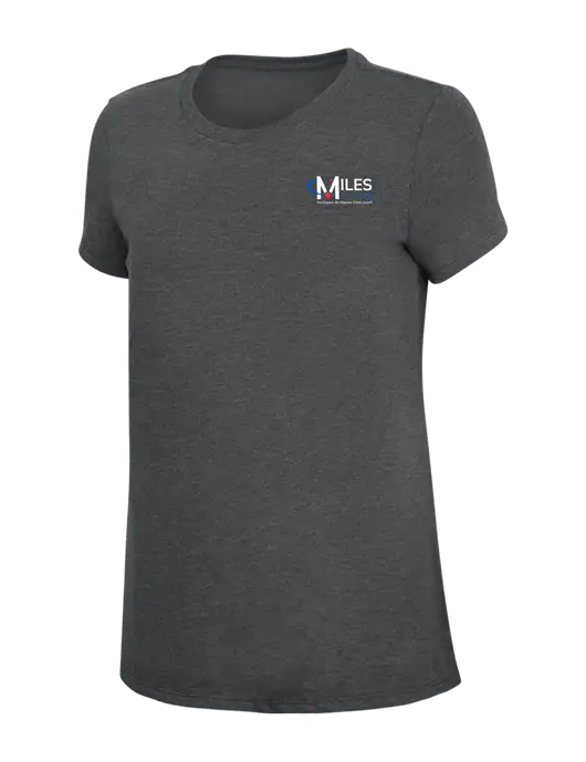 Womens Simply Soft Charcoal 4.5oz Poly/Combed Ring Spun Cotton T-Shirt w/Miles IT w/Slogan Logo, Miles IT Slogan Logo