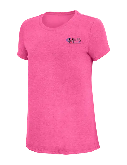 Womens Simply Soft Fuchsia Frost 4.5oz Poly/Combed Ring Spun Cotton T-Shirt w/Miles IT w/Slogan Logo, Miles IT Slogan Logo