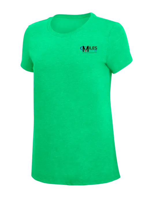 Womens Simply Soft Green Frost 4.5oz Poly/Combed Ring Spun Cotton T-Shirt w/Miles IT w/Slogan Logo, Miles IT Slogan Logo
