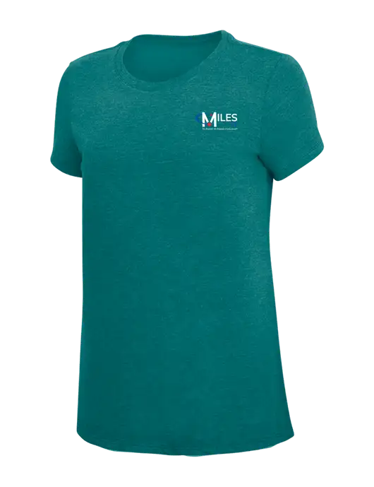 Womens Simply Soft Heathered Dark Teal 4.5oz  Poly/Combed Ring Spun Cotton T-Shirt w/Miles IT w/Slogan Logo, Miles IT Slogan Logo