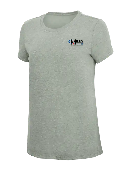 Womens Simply Soft Heathered Light Grey 4.5oz Poly/Combed Ring Spun Cotton T-Shirt w/Miles IT w/Slogan Logo, Miles IT Slogan Logo