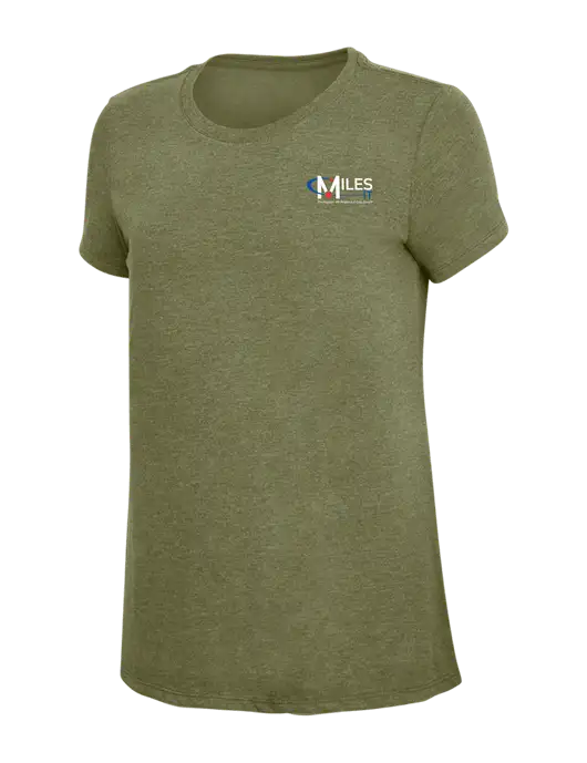 Womens Simply Soft Military Green Frost 4.5oz Poly/Combed Ring Spun Cotton T-Shirt
 w/Miles IT w/Slogan Logo, Miles IT Slogan Logo
