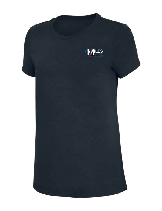 Womens Simply Soft Navy 4.5oz Poly/Combed Ring Spun Cotton T-Shirt w/Miles IT w/Slogan Logo, Miles IT Slogan Logo