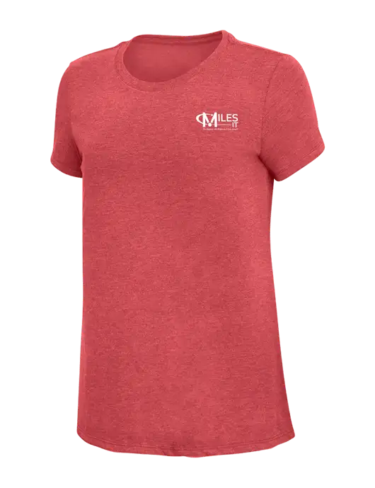 Womens Simply Soft Red Frost 4.5oz Poly/Combed Ring Spun Cotton T-Shirt w/Miles IT w/Slogan Logo, Miles IT Slogan Logo