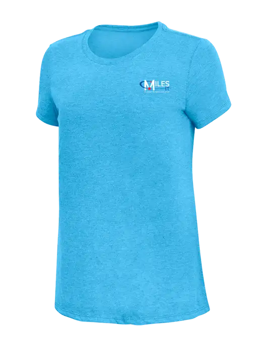 Womens Simply Soft Turquoise Frost 4.5oz  Poly/Combed Ring Spun Cotton T-Shirt w/Miles IT w/Slogan Logo, Miles IT Slogan Logo