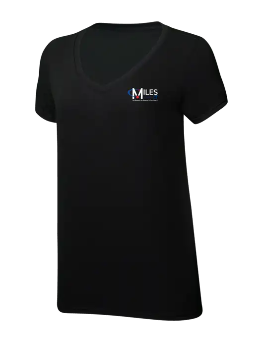Womens Simply Soft V-Neck Black 4.5oz  Poly/Combed Ring Spun Cotton T-Shirt w/Miles IT w/Slogan Logo, Miles IT Slogan Logo