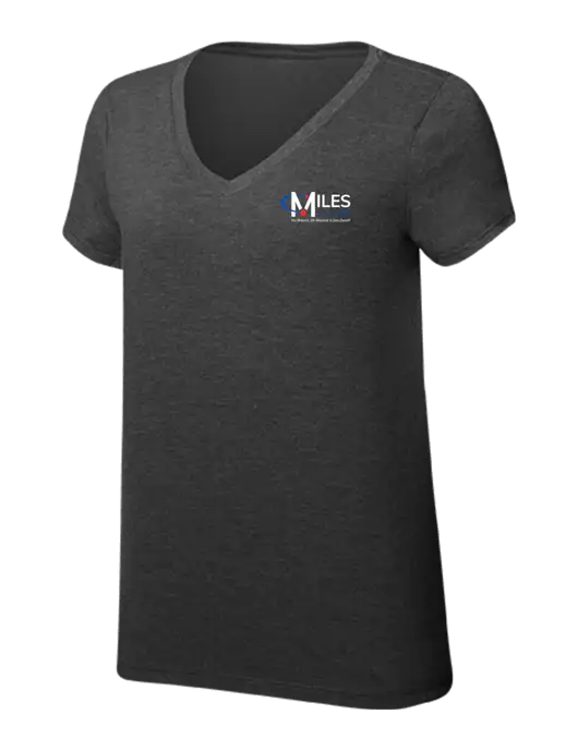 Womens Simply Soft V-Neck Black Frost 4.5oz  Poly/Combed Ring Spun Cotton T-Shirt w/Miles IT w/Slogan Logo, Miles IT Slogan Logo