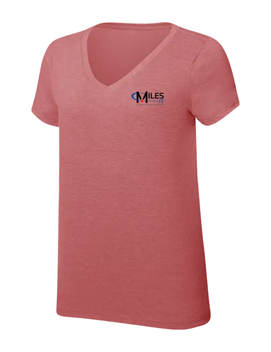 Womens Simply Soft V-Neck Blush Frost 4.5oz  Poly/Combed Ring Spun Cotton T-Shirt w/Miles IT w/Slogan Logo, Miles IT Slogan Logo