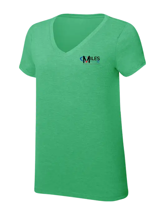 Womens Simply Soft V-Neck Green Frost 4.5oz  Poly/Combed Ring Spun Cotton T-Shirt w/Miles IT w/Slogan Logo, Miles IT Slogan Logo