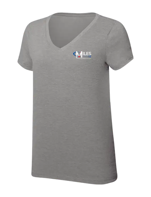 Womens Simply Soft V-Neck Grey Frost 4.5oz  Poly/Combed Ring Spun Cotton T-Shirt w/Miles IT w/Slogan Logo, Miles IT Slogan Logo