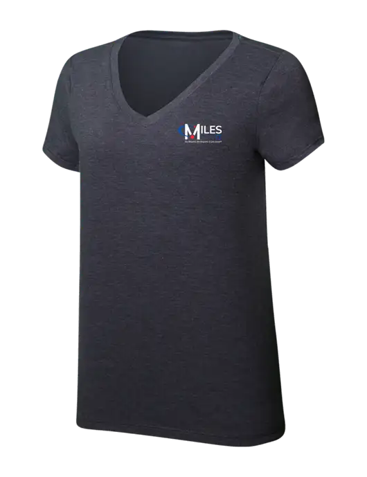 Womens Simply Soft V-Neck Heather Charcoal 4.5oz  Poly/Combed Ring Spun Cotton T-Shirt w/Miles IT w/Slogan Logo, Miles IT Slogan Logo