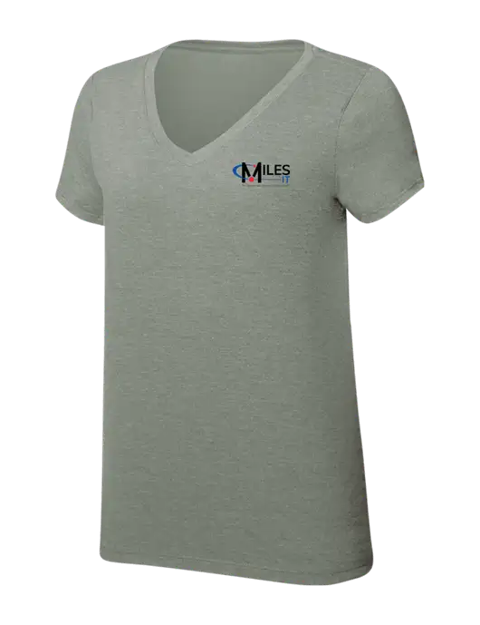 Womens Simply Soft V-Neck Heather Sage 4.5oz  Poly/Combed Ring Spun Cotton T-Shirt w/Miles IT w/Slogan Logo, Miles IT Slogan Logo