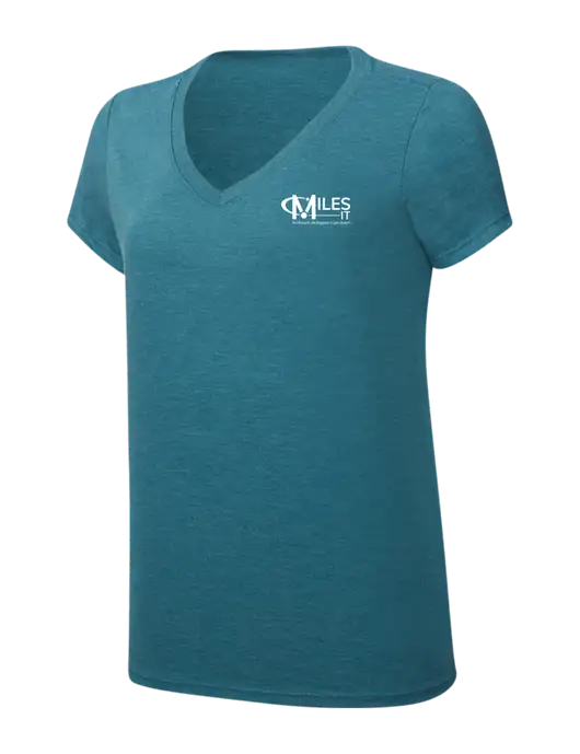 Womens Simply Soft V-Neck Heather Teal 4.5oz  Poly/Combed Ring Spun Cotton T-Shirt w/Miles IT w/Slogan Logo, Miles IT Slogan Logo