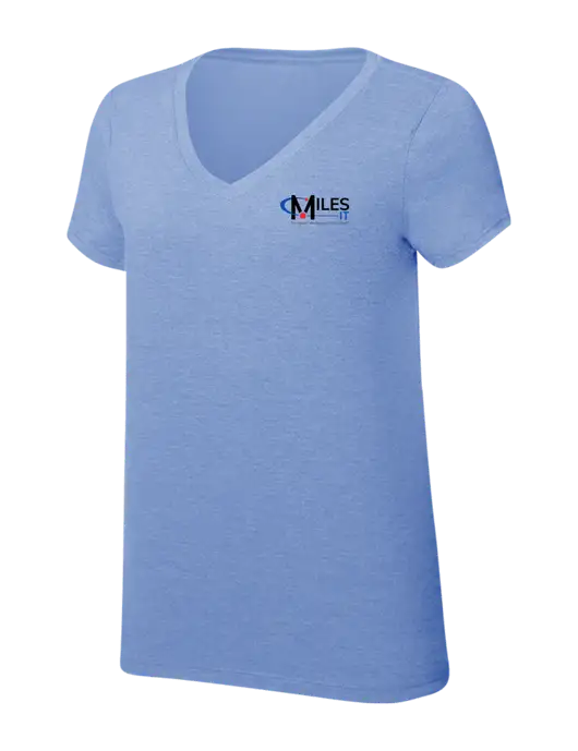 Womens Simply Soft V-Neck Maritime Frost 4.5oz  Poly/Combed Ring Spun Cotton T-Shirt w/Miles IT w/Slogan Logo, Miles IT Slogan Logo