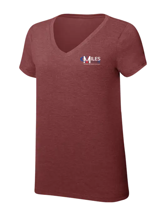Womens Simply Soft V-Neck Maroon Frost 4.5oz  Poly/Combed Ring Spun Cotton T-Shirt w/Miles IT w/Slogan Logo, Miles IT Slogan Logo