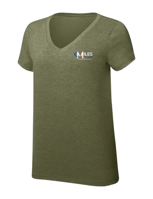 Womens Simply Soft V-Neck Military Green Frost 4.5oz  Poly/Combed Ring Spun Cotton T-Shirt w/Miles IT w/Slogan Logo, Miles IT Slogan Logo