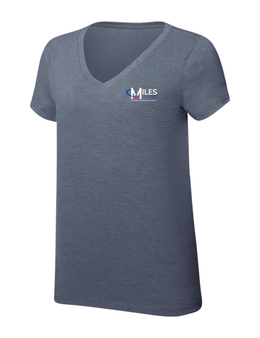 Womens Simply Soft V-Neck Navy Frost 4.5oz  Poly/Combed Ring Spun Cotton T-Shirt w/Miles IT w/Slogan Logo, Miles IT Slogan Logo