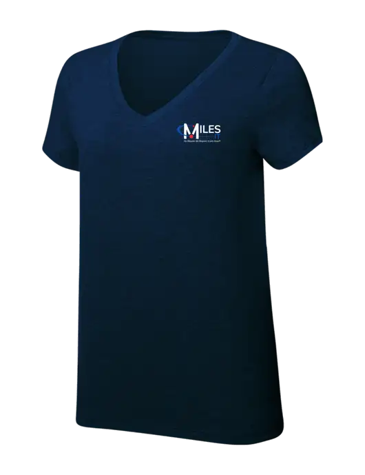 Womens Simply Soft V-Neck New Navy 4.5oz  Poly/Combed Ring Spun Cotton T-Shirt w/Miles IT w/Slogan Logo, Miles IT Slogan Logo