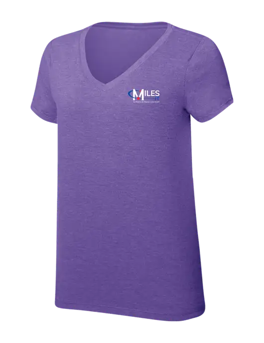 Womens Simply Soft V-Neck Purple Frost 4.5oz  Poly/Combed Ring Spun Cotton T-Shirt w/Miles IT w/Slogan Logo, Miles IT Slogan Logo