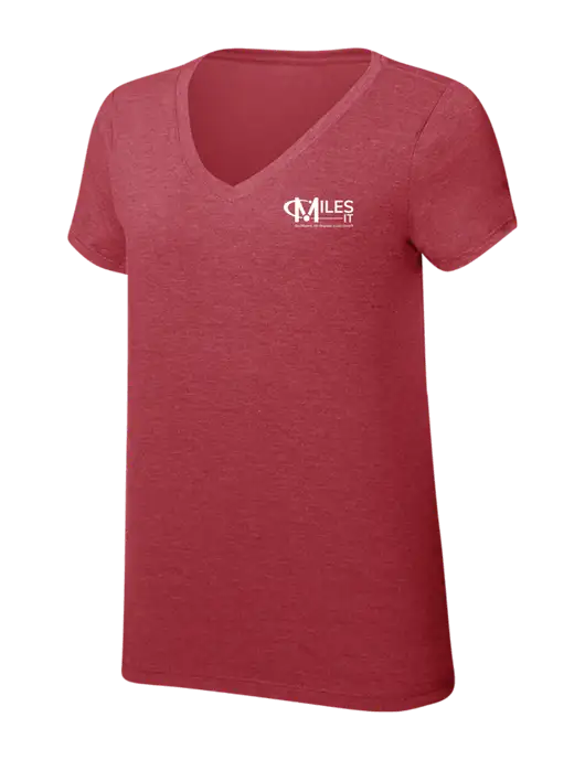 Womens Simply Soft V-Neck Red Frost 4.5oz  Poly/Combed Ring Spun Cotton T-Shirt w/Miles IT w/Slogan Logo, Miles IT Slogan Logo