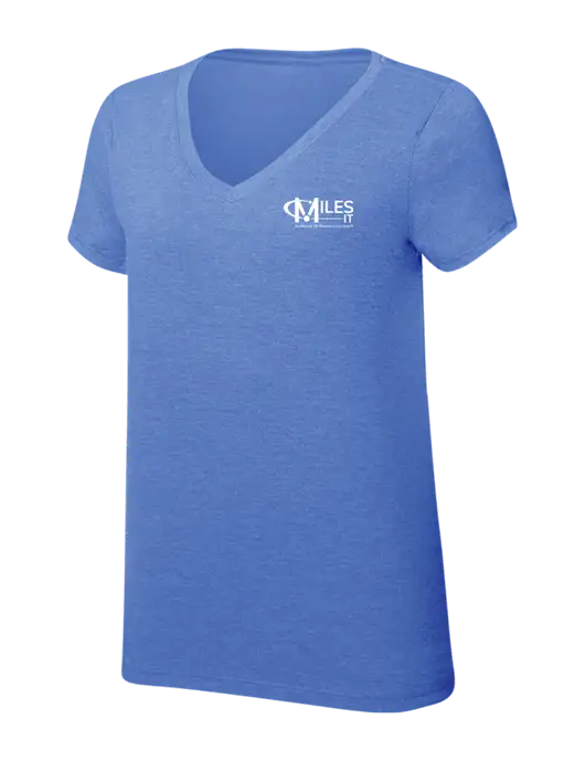 Womens Simply Soft V-Neck Royal Frost 4.5oz  Poly/Combed Ring Spun Cotton T-Shirt w/Miles IT w/Slogan Logo, Miles IT Slogan Logo