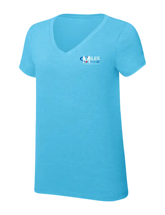Womens Simply Soft V-Neck Turquoise Frost 4.5oz  Poly/Combed Ring Spun Cotton T-Shirt w/Miles IT w/Slogan Logo, Miles IT Slogan Logo