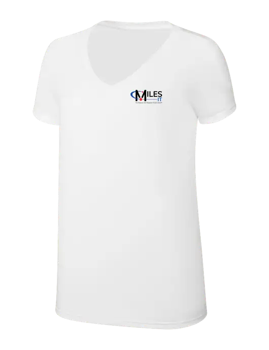Womens Simply Soft V-Neck White 4.5oz  Poly/Combed Ring Spun Cotton T-Shirt w/Miles IT w/Slogan Logo, Miles IT Slogan Logo