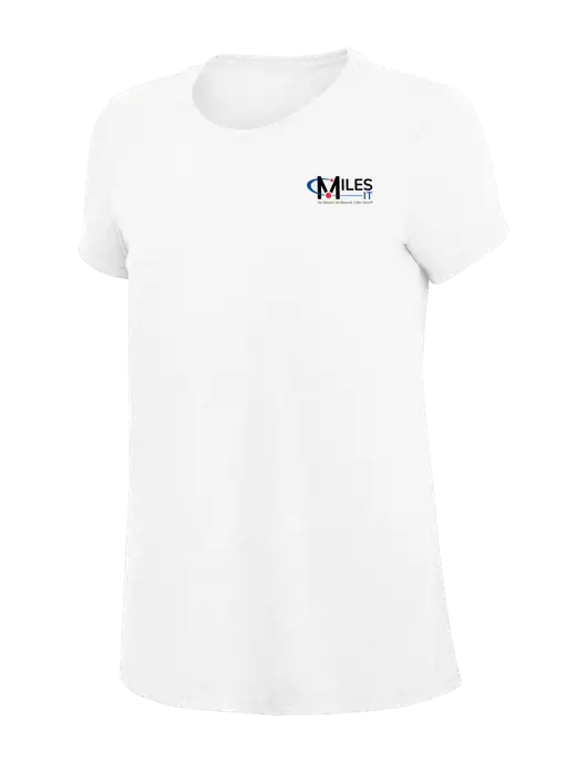 Womens Simply Soft White 4.5oz Poly/Combed Ring Spun Cotton T-Shirt
 w/Miles IT w/Slogan Logo, Miles IT Slogan Logo