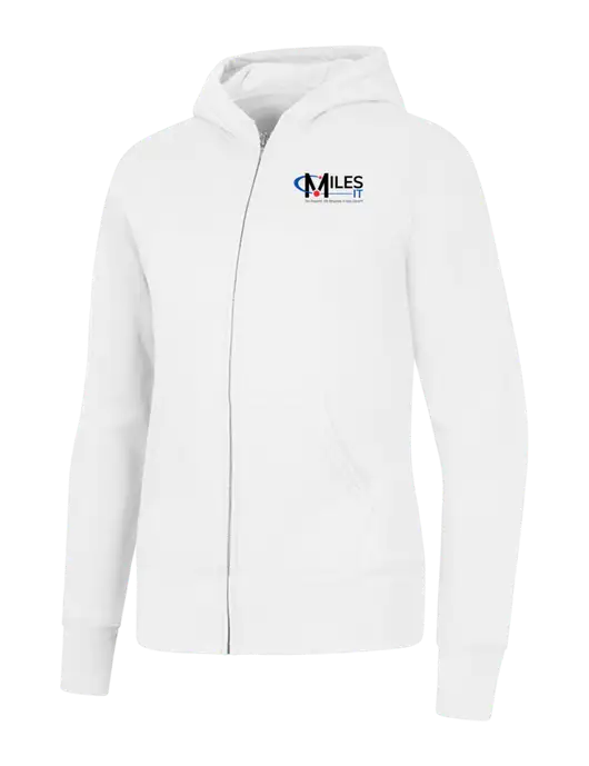 White Womens Core Fleece Full-Zip Hooded Sweatshirt w/Miles IT w/Slogan Logo