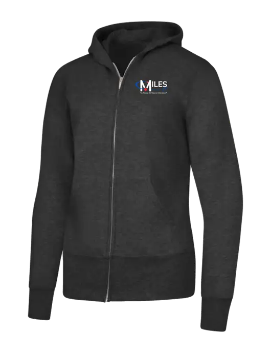 Dark Heather Grey Womens Core Fleece Full-Zip Hooded Sweatshirt w/Miles IT w/Slogan Logo