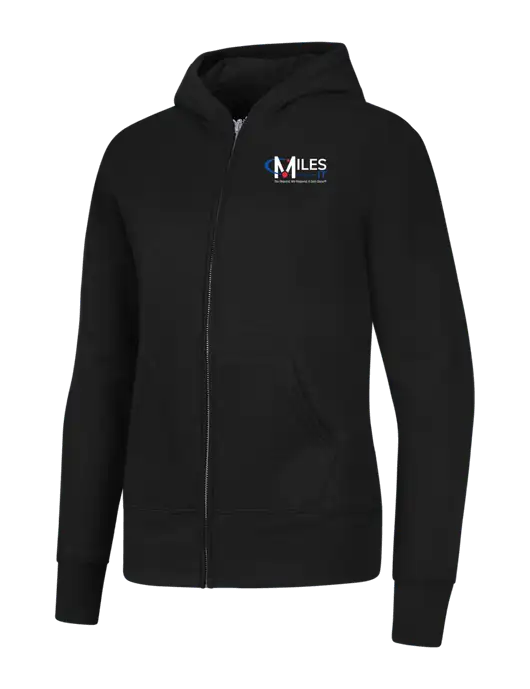 Jet Black Womens Core Fleece Full-Zip Hooded Sweatshirt w/Miles IT w/Slogan Logo