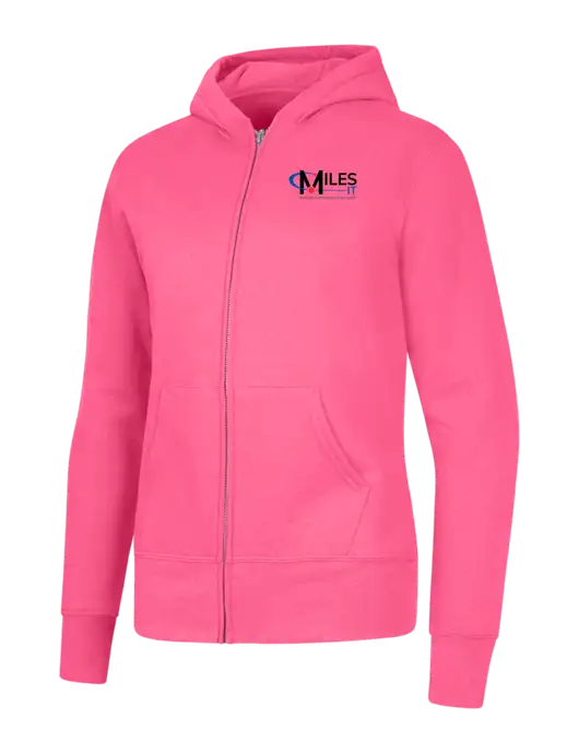 Neon Pink Womens Core Fleece Full-Zip Hooded Sweatshirt w/Miles IT w/Slogan Logo