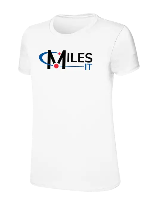 Womens Ring Spun White 4.5 oz T-Shirt w/Miles IT Logo, Miles IT Slogan Logo