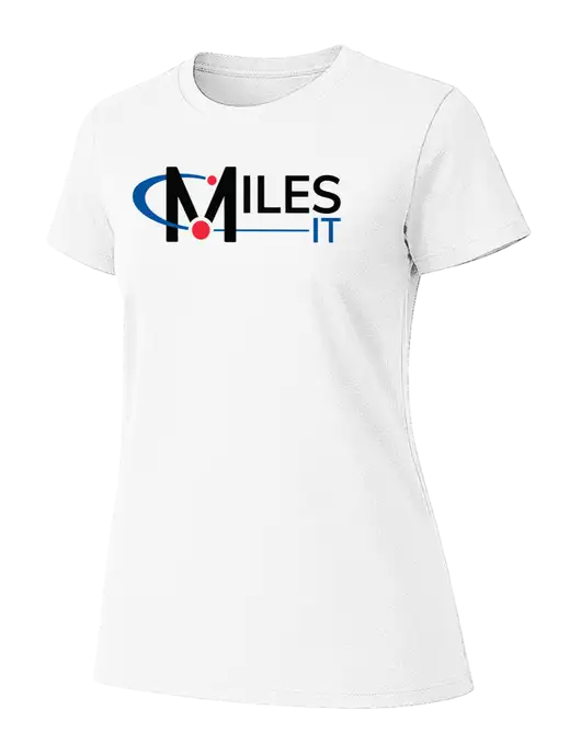 Womens Ring Spun White 4.5 oz T-Shirt w/Miles IT Logo, Miles IT Slogan Logo