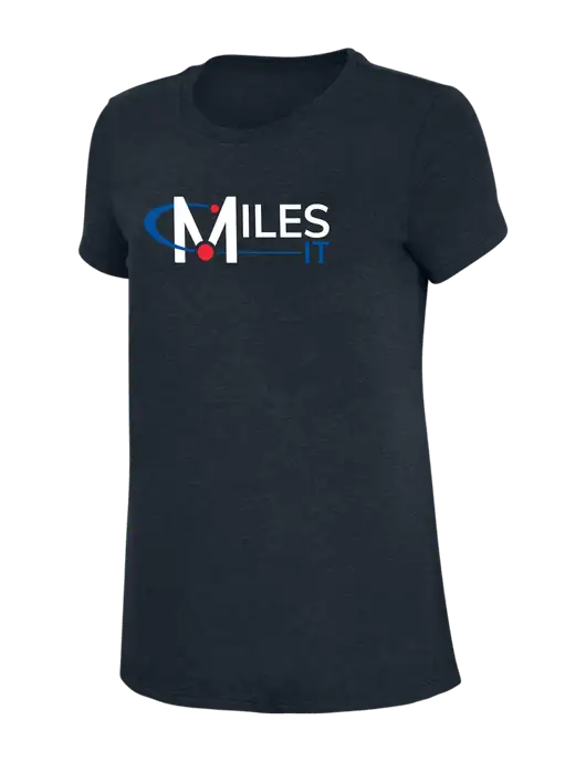 Womens Simply Soft Navy 4.5oz Poly/Combed Ring Spun Cotton T-Shirt w/Miles IT Logo, Miles IT Slogan Logo