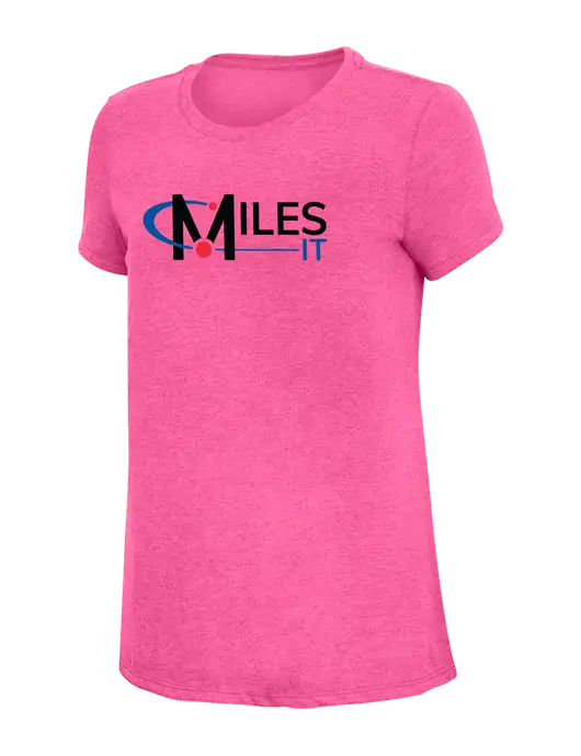 Womens Simply Soft Fuchsia Frost 4.5oz Poly/Combed Ring Spun Cotton T-Shirt w/Miles IT Logo, Miles IT Slogan Logo