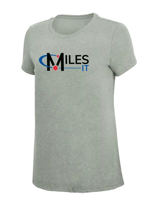Womens Simply Soft Heathered Light Grey 4.5oz Poly/Combed Ring Spun Cotton T-Shirt w/Miles IT Logo, Miles IT Slogan Logo