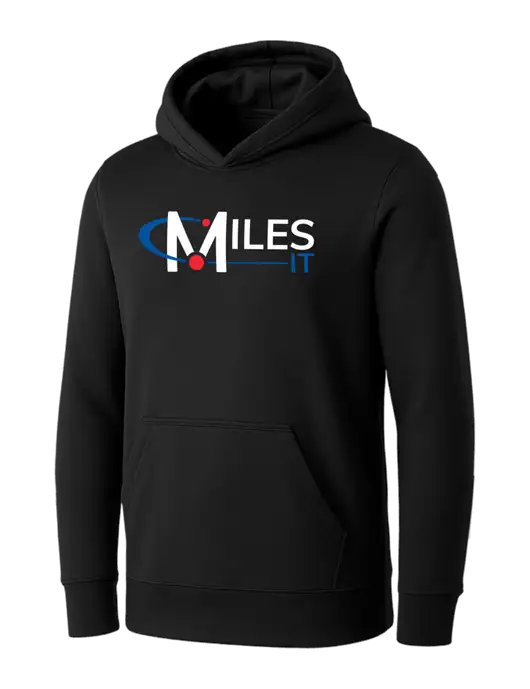 Womens Black Core Fleece Pullover Hooded Sweatshirt w/Miles IT Logo, Miles IT Slogan Logo
