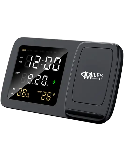 Dock It Wireless Charger, Digital Alarm Clock,  Temperature & Humidity Display w/Miles IT Logo