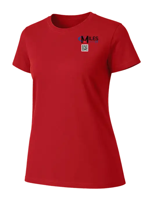 Womens Ring Spun Bright Red 4.5 oz T-Shirt w/Miles IT QR Code Logo