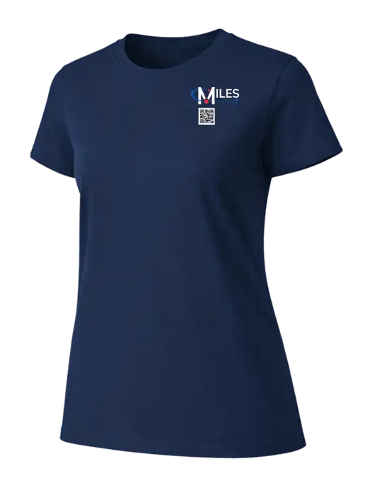 Womens Ring Spun Navy 4.5 oz T-Shirt w/Miles IT QR Code Logo