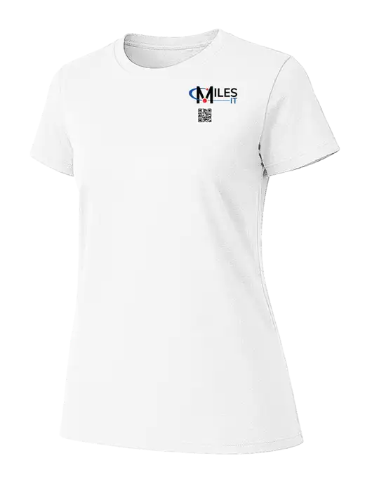 Womens Ring Spun White 4.5 oz T-Shirt w/Miles IT QR Code Logo
