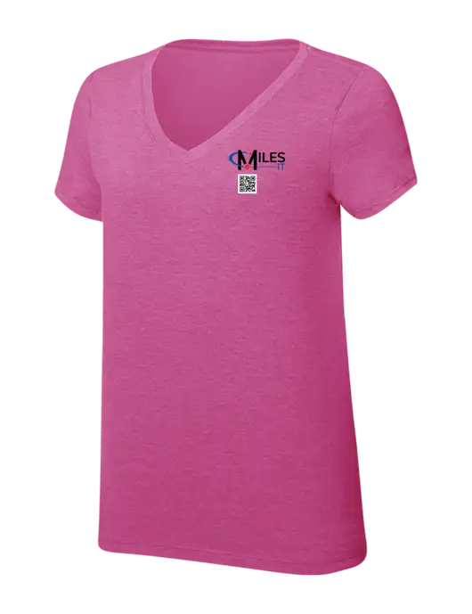 Womens Simply Soft V-Neck Fuschia Frost 4.5oz  Poly/Combed Ring Spun Cotton T-Shirt w/Miles IT QR Code Logo