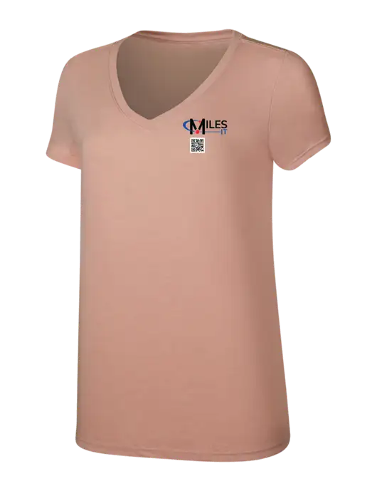Womens Simply Soft V-Neck Heather Dusty Peach 4.5oz  Poly/Combed Ring Spun Cotton T-Shirt w/Miles IT QR Code Logo