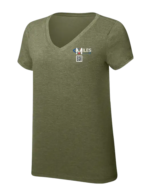 Womens Simply Soft V-Neck Military Green Frost 4.5oz  Poly/Combed Ring Spun Cotton T-Shirt w/Miles IT QR Code Logo
