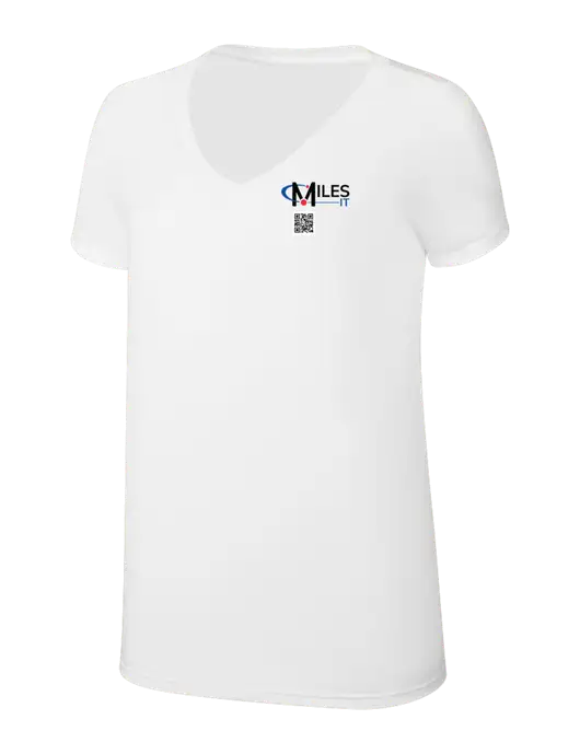 Womens Simply Soft V-Neck White 4.5oz  Poly/Combed Ring Spun Cotton T-Shirt w/Miles IT QR Code Logo