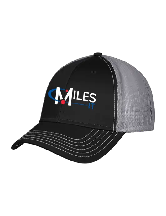Black/Medium Dark Grey Mesh Trucker Cap Snap Back w/Miles IT Logo