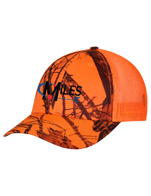Blaze/Neon Orange Mossy Oak Camo Mesh Trucker Cap Snap Back w/Miles IT Logo